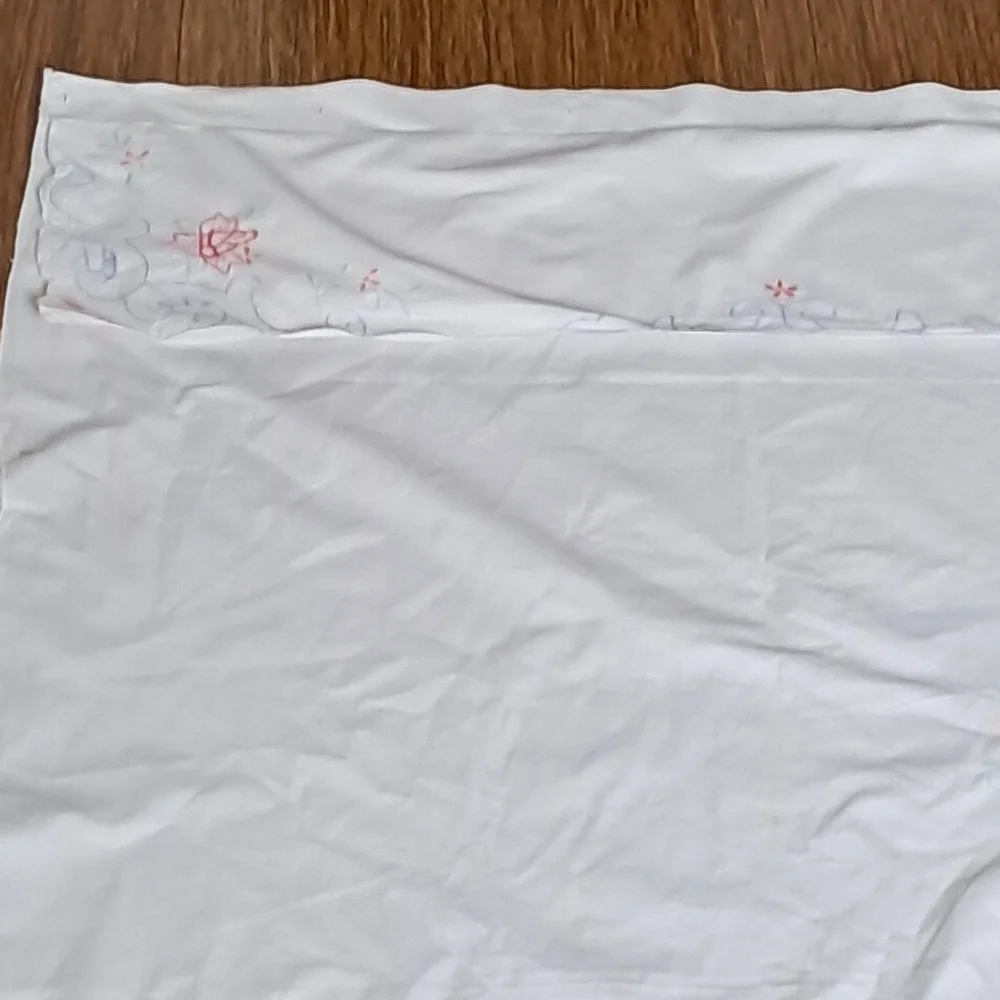 Vintage Embroidered Shower Curtain Pink Floral Cutwork Cottage Chic Linen Look